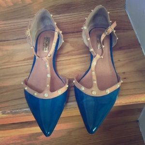 Teal & Tan Halogen patent leather flats. Size 8.5